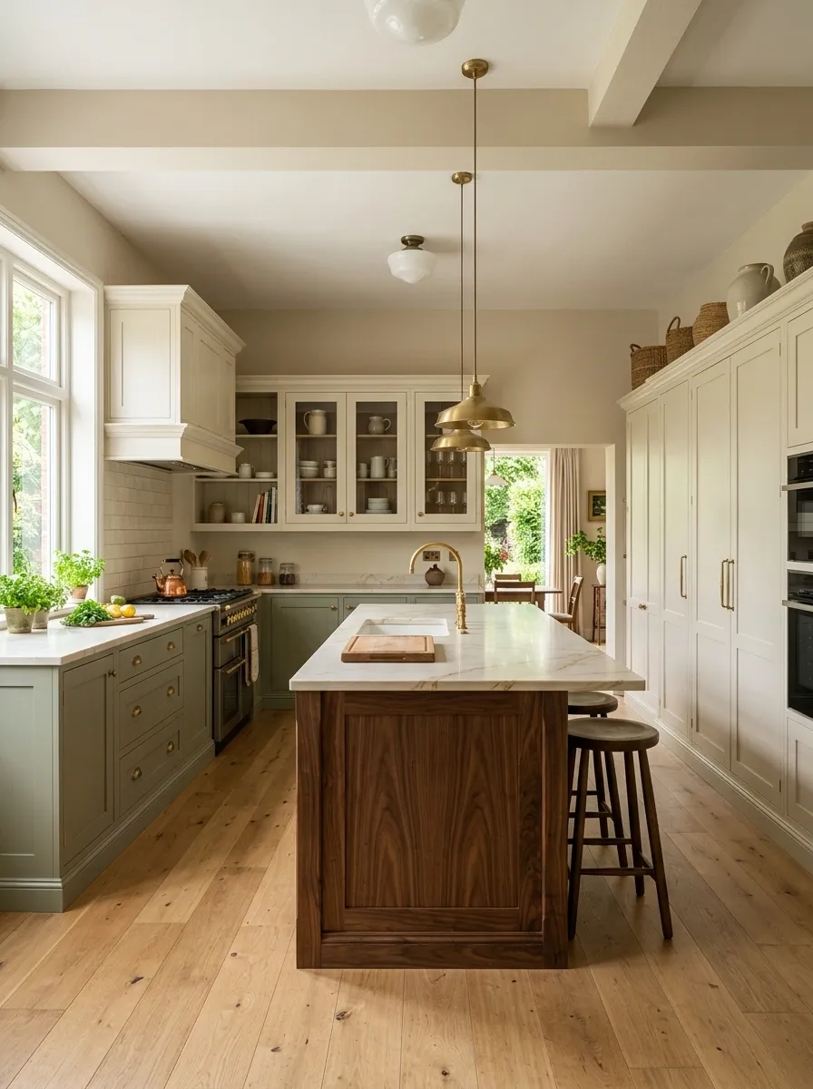 Sage Green, Cream, and Walnut Heritage Kitchen