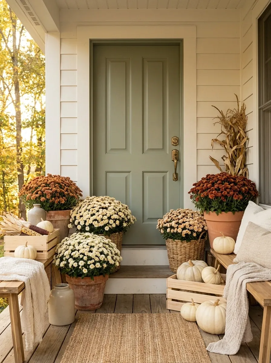 Sage Green Door With Cream and Rust Mums