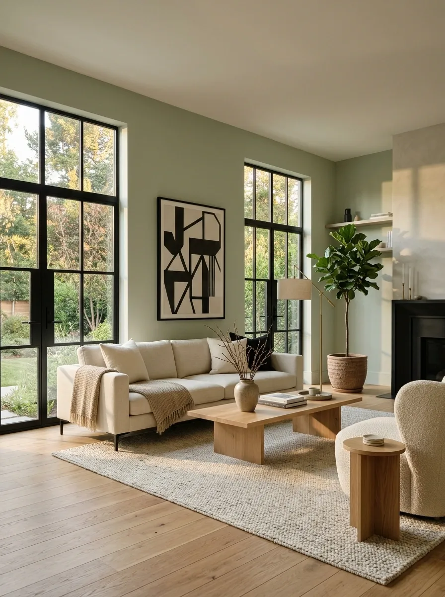 Sage Green Living Room With Black-Framed Windows and Graphic Art