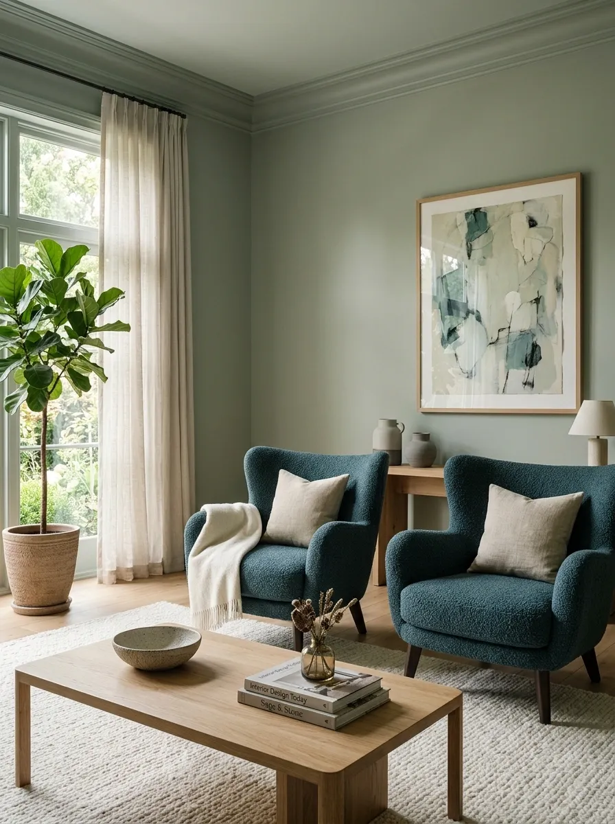 Sage Green Living Room With Blue-Green Accent Chairs