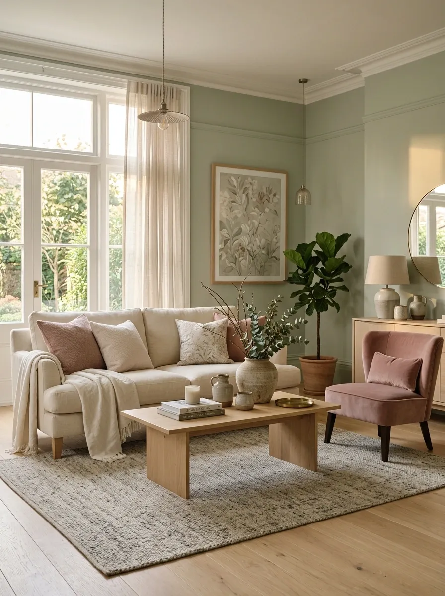 Sage Green Living Room With Blush and Dusty Rose Accents