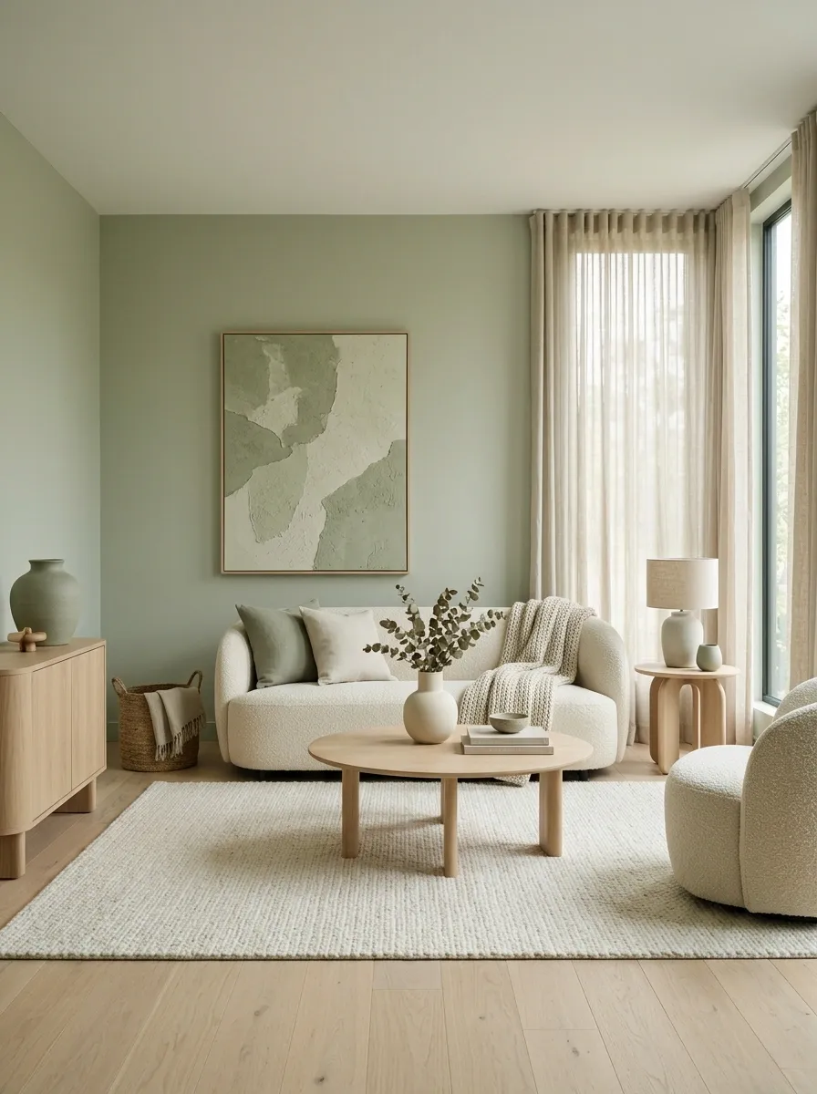 Sage Green Living Room With Bouclé Seating and Pale Oak