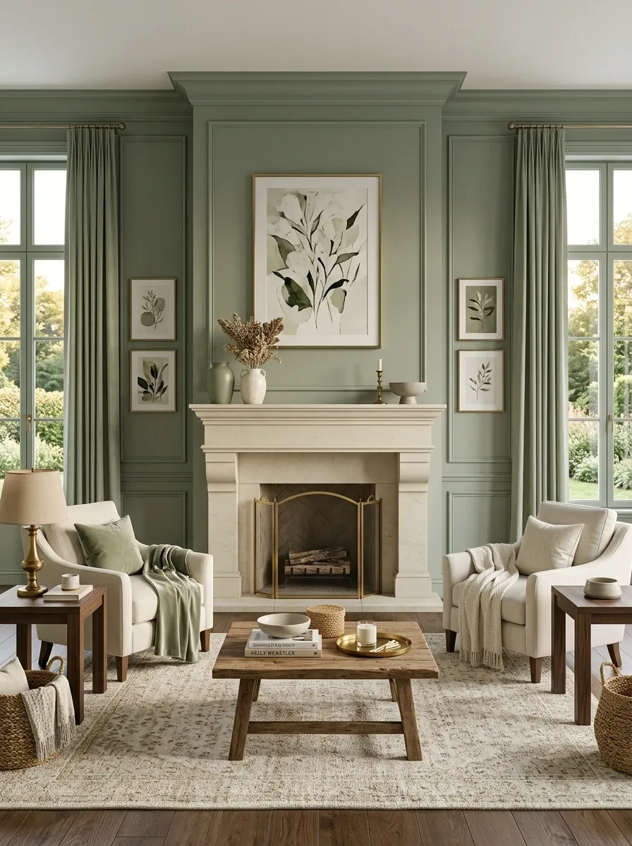 Sage Green Living Room With Cream Fireplace Mantel and Symmetrical Seating