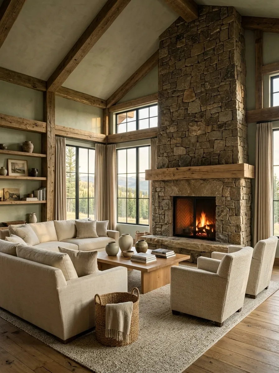 Sage Green Living Room With Exposed Oak Beams and Stone Fireplace