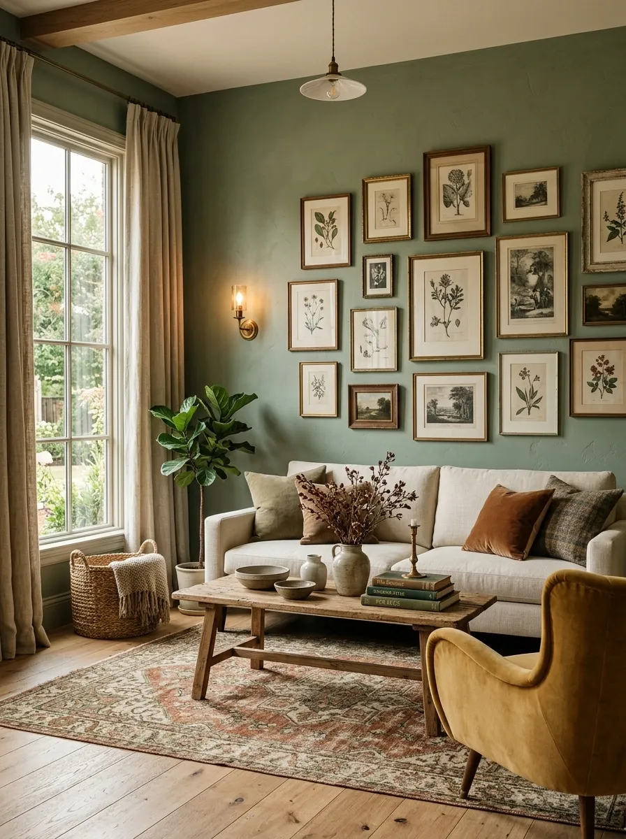 Sage Green Living Room With Gallery Wall and Vintage Furniture