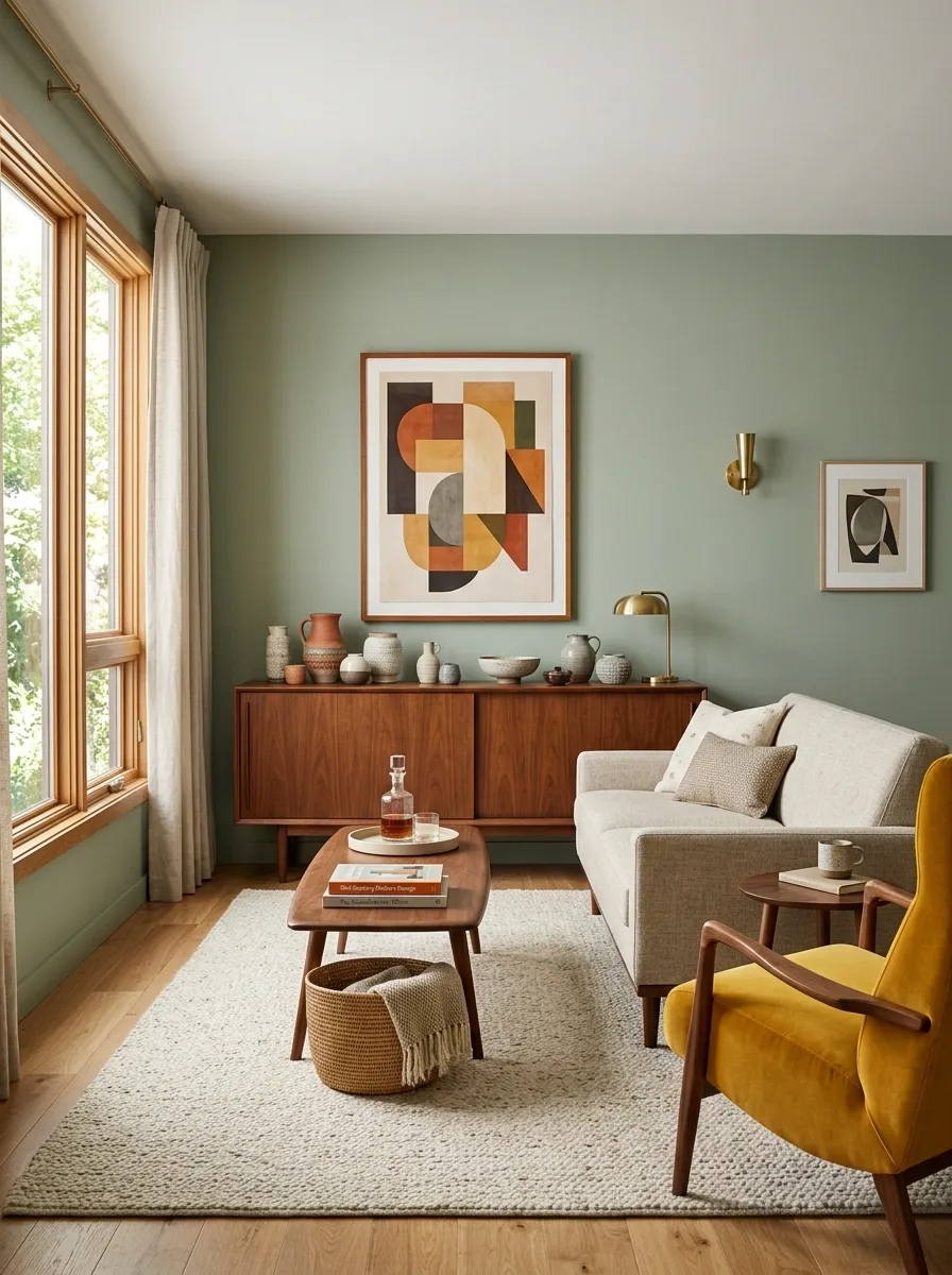 Sage Green Living Room With Mustard Accents and Mid-Century Furniture
