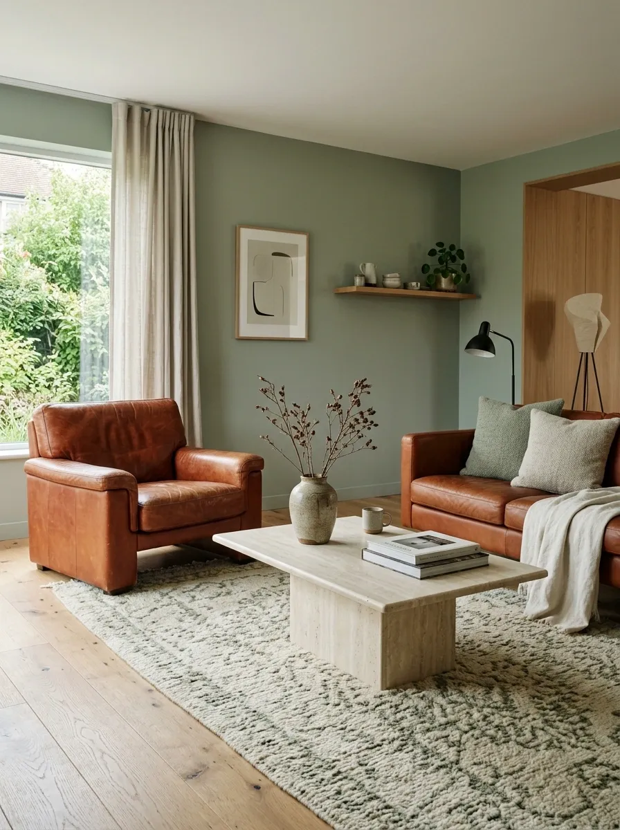 Sage Green Living Room With Rust Leather and Natural Stone