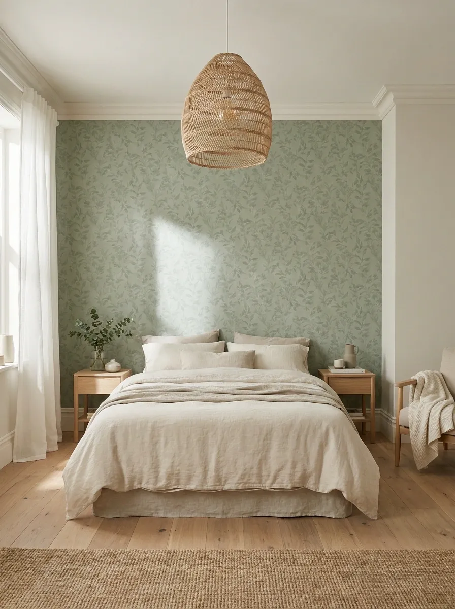 Sage Green Wallpaper With Natural Linen and Rattan