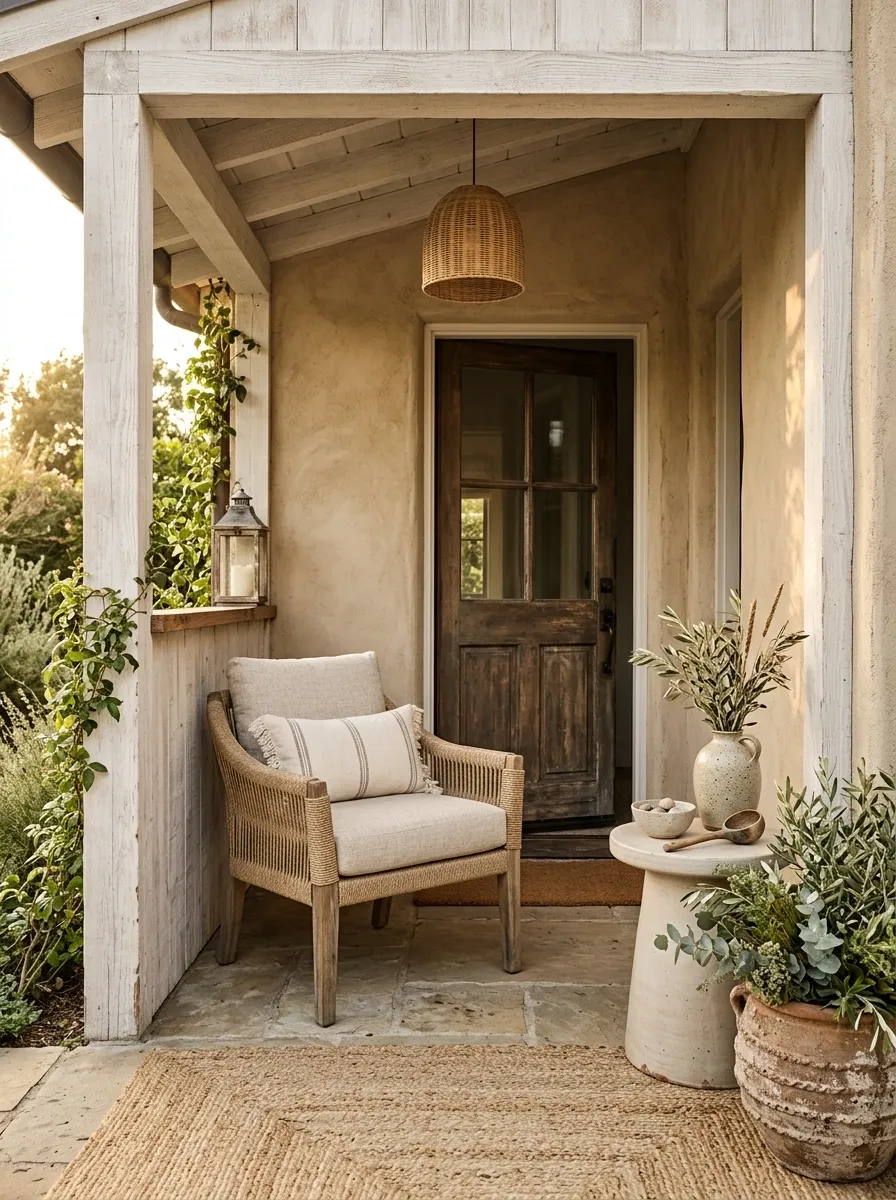 Sandstone Porch With Whitewashed Wood and Olive
