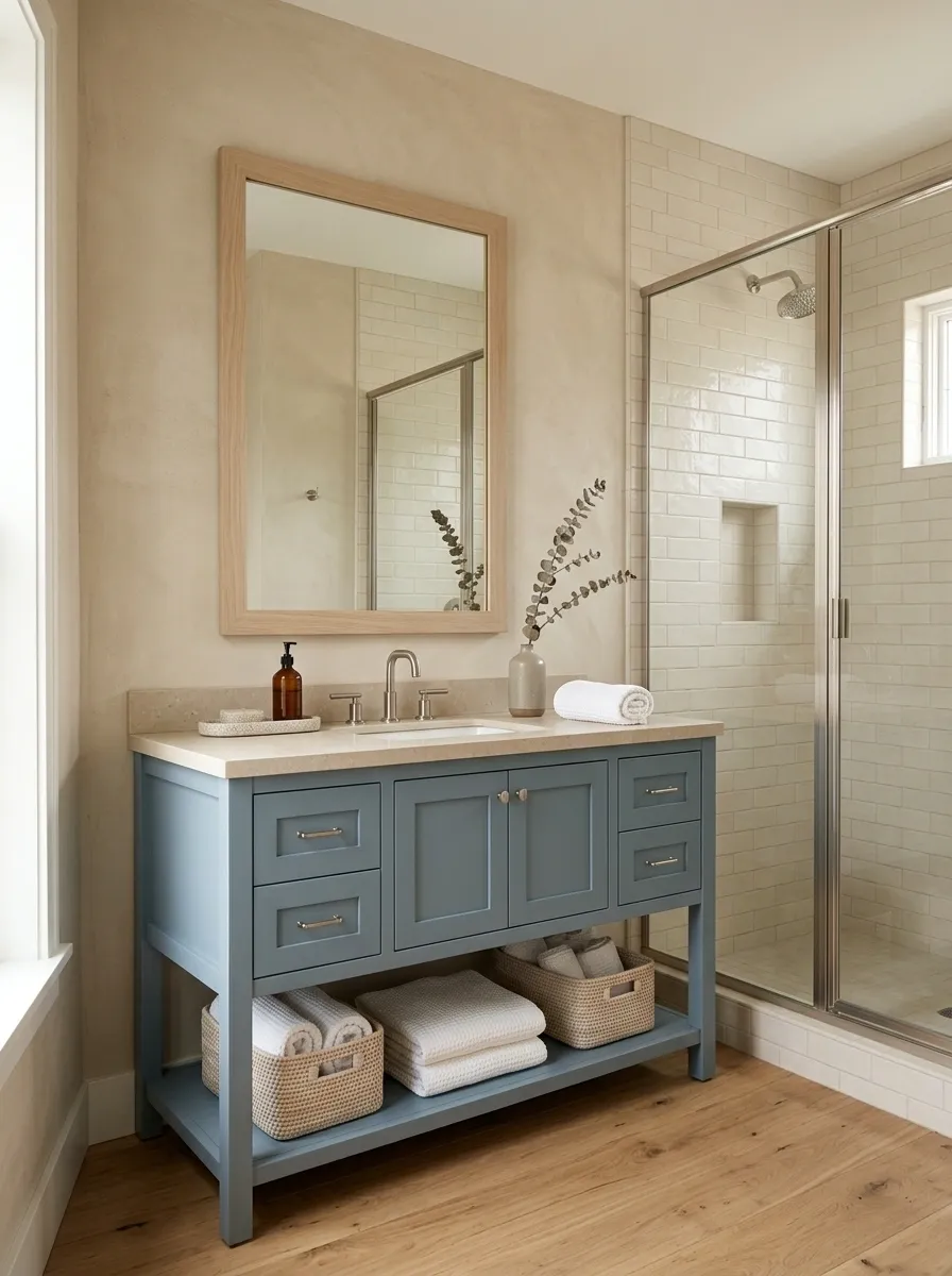 Sandy Beige Bathroom With Muted Blue Coastal Accents