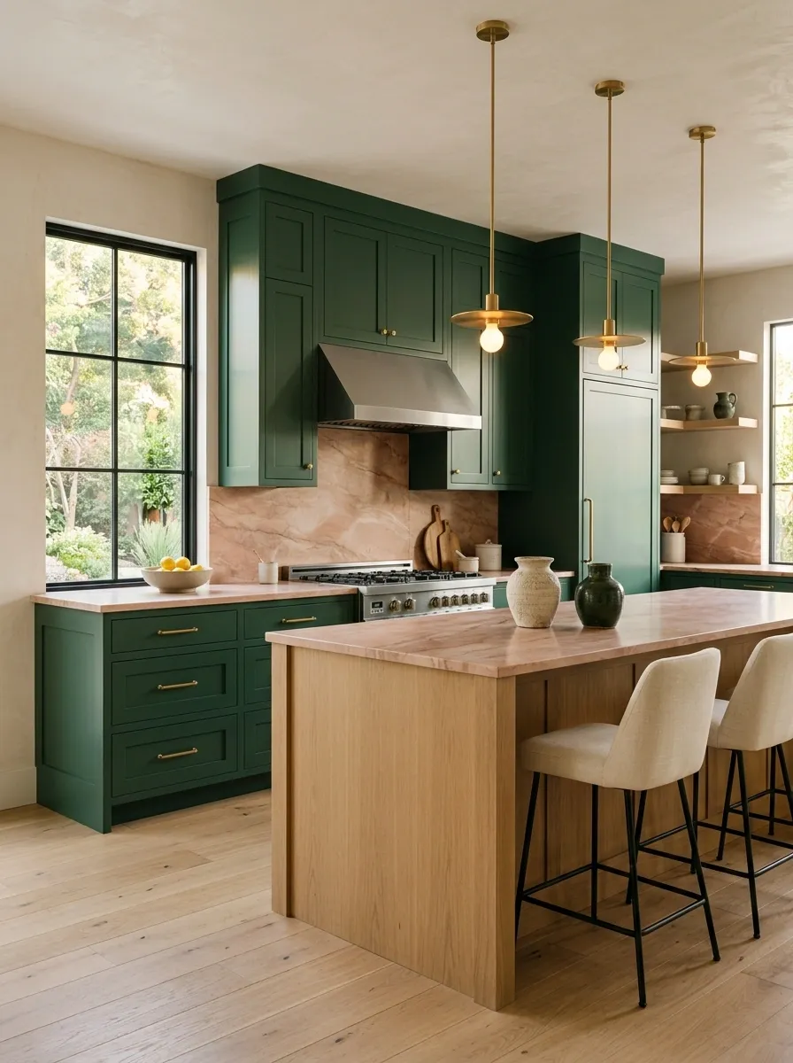 Saturated Green Kitchen With Warm Pink Stone and Brass