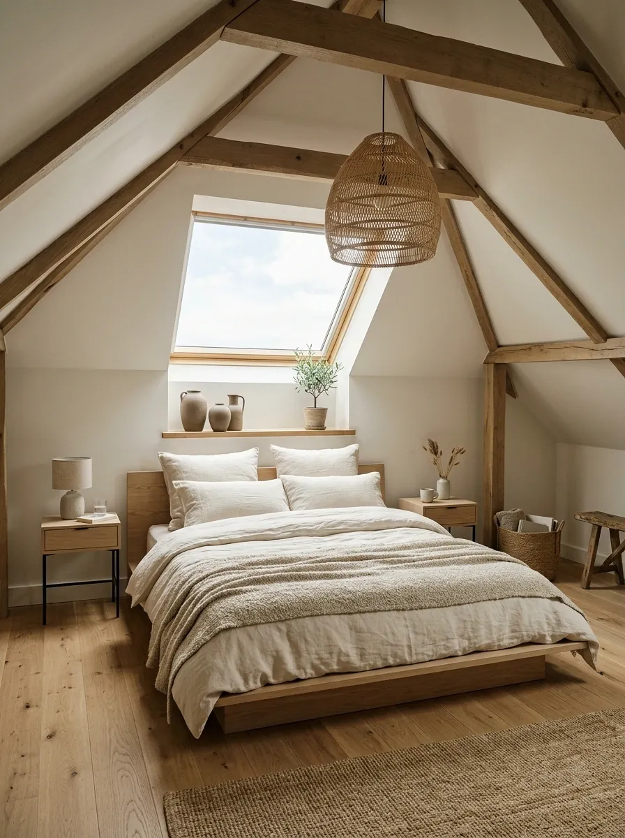 Scandinavian Attic Bedroom With Pale Oak and Cream Textiles