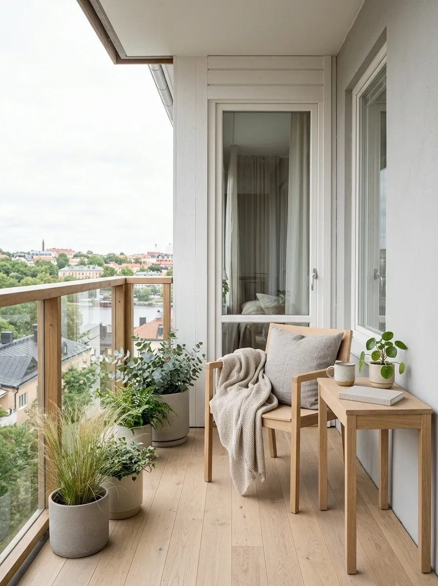 Scandinavian Balcony With Pale Wood, Grasses, and Simple Planters