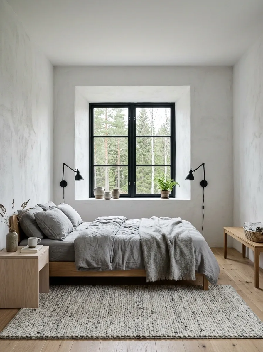 Scandinavian Bedroom With White Oak, Soft Gray, and a Deep Window Reveal