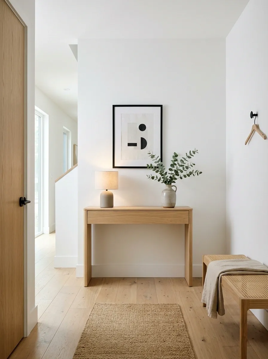 Scandinavian Console With Pale Wood, White Walls, and Black Accents