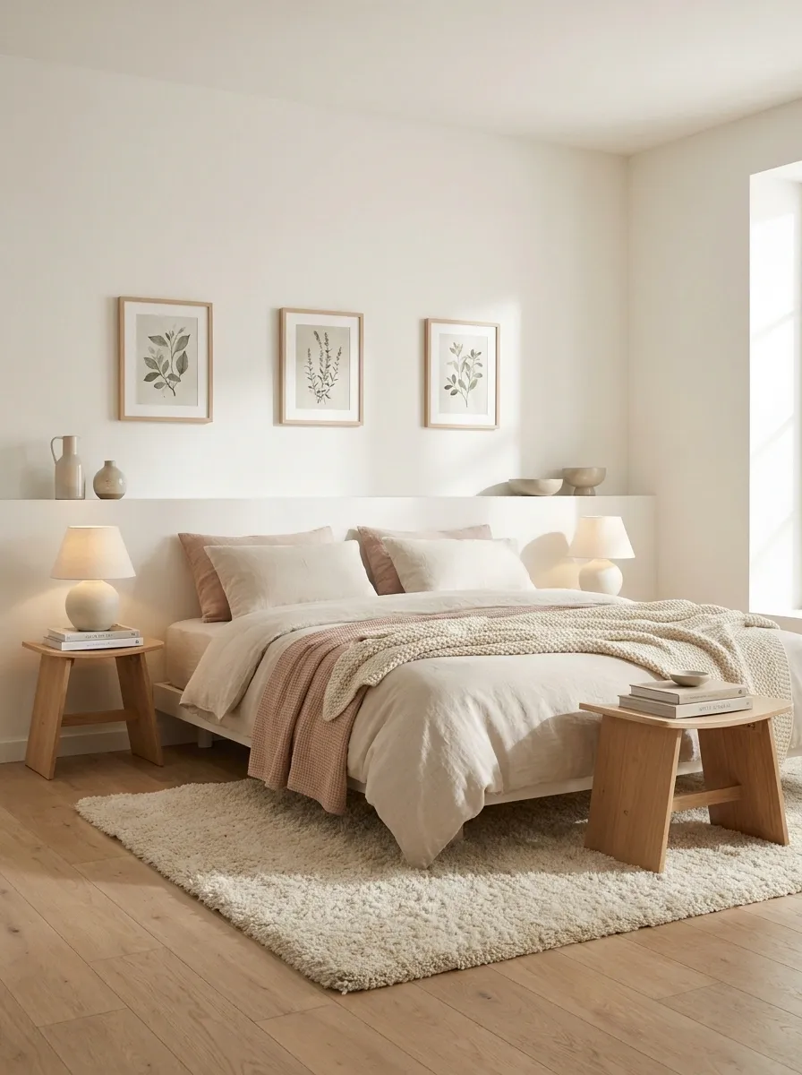 Scandinavian Cute Bedroom With Soft Colors and Light Oak