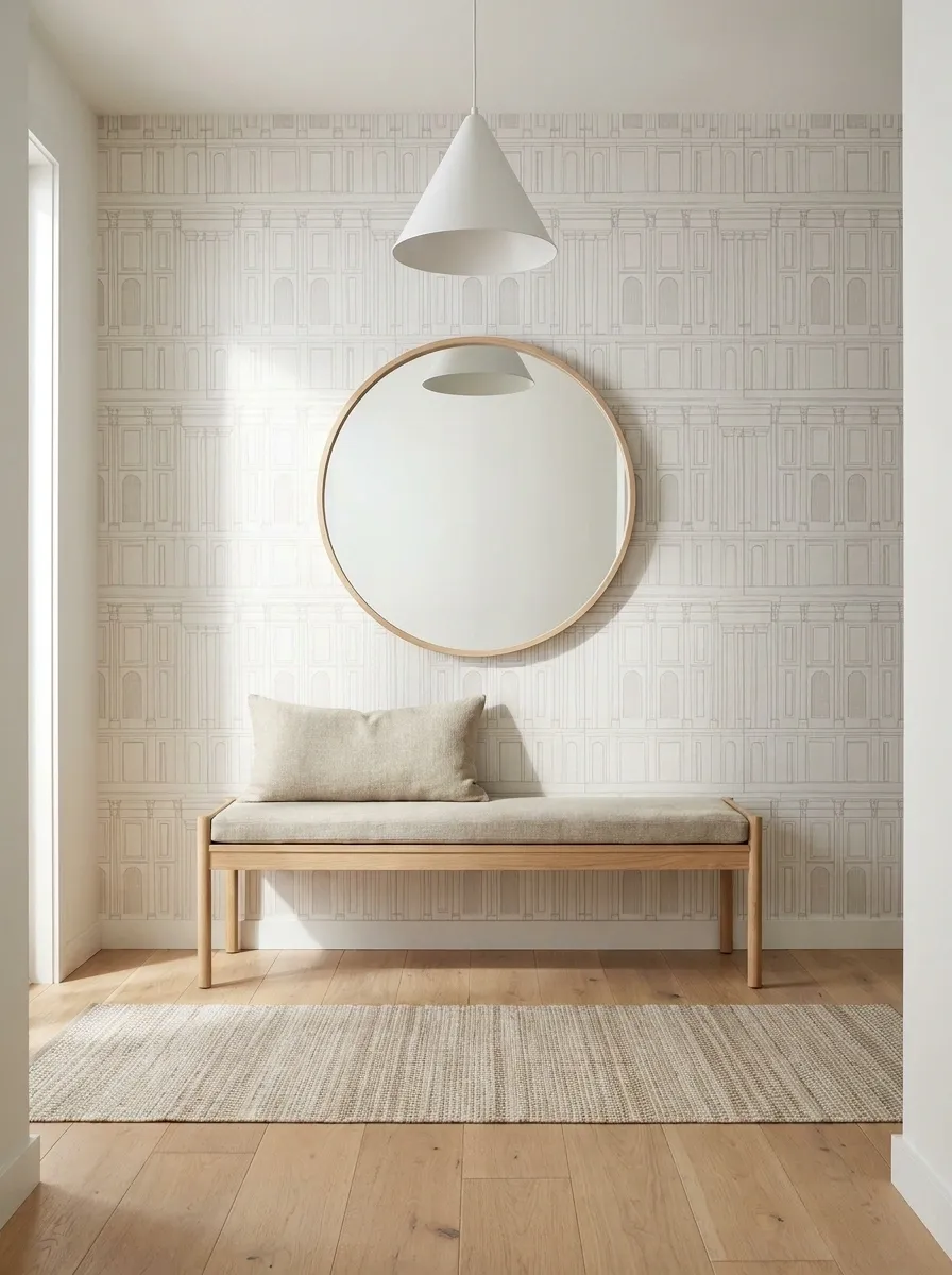 Scandinavian Entryway With Subtle Linear Wallpaper