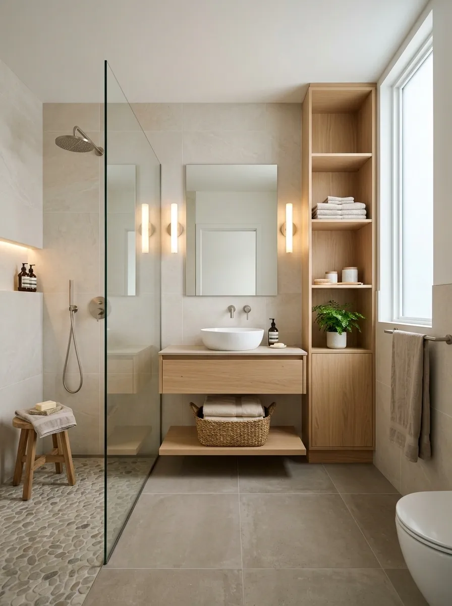 Scandinavian Family Bathroom With Pale Beige Tile and Oak