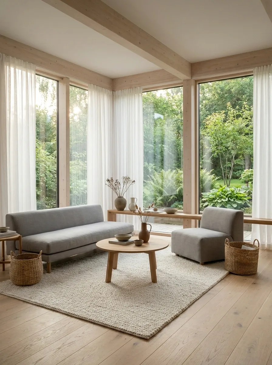 Scandinavian Garden Room With Pale Timber and Soft Gray