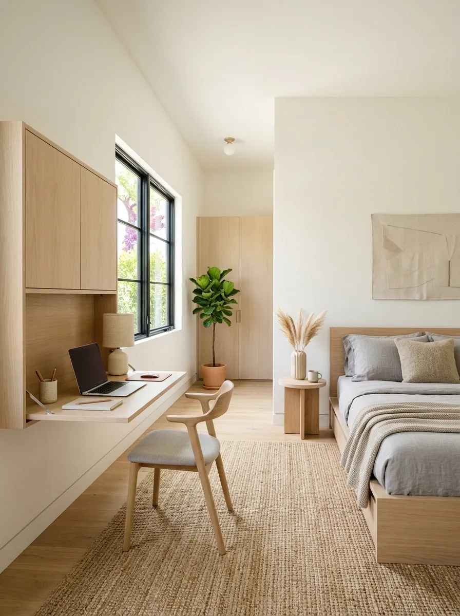 Scandinavian Guest Room With a Wall-Mounted Fold-Down Desk