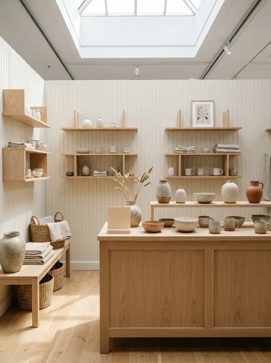 Scandinavian-Inspired Booth With Pale Wood and Warm White
