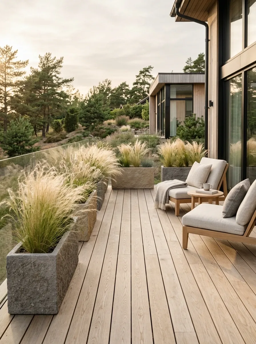 Scandinavian-Inspired Deck With Pale Wood, Stone Containers, and Soft Grasses