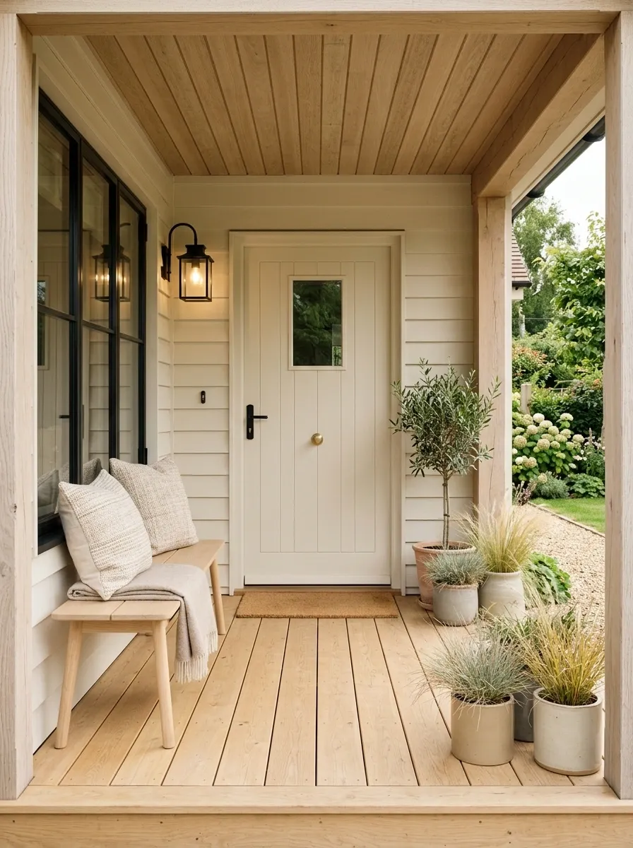 Scandinavian-Inspired Porch With Honey Wood and Cream