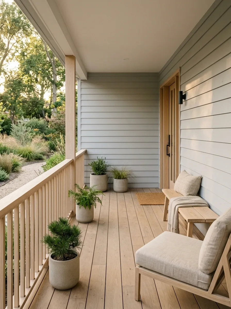 Scandinavian-Inspired Porch With Natural Wood Railings