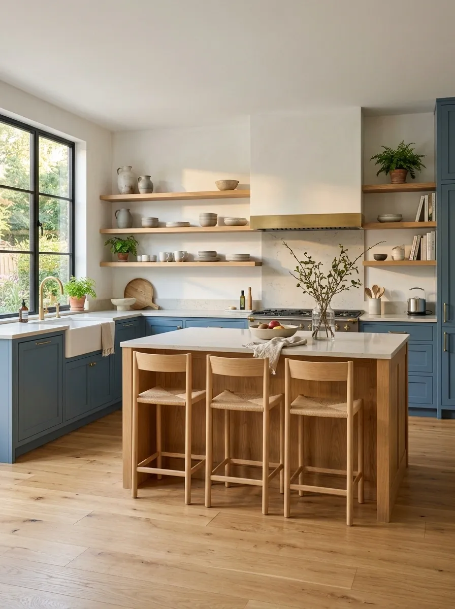 Scandinavian Kitchen With Natural Oak and Muted Blue Cabinets