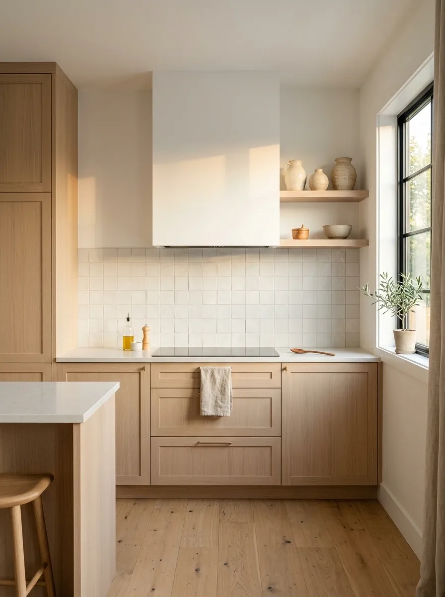 Scandinavian Kitchen With Pale Oak Shelving and Soft White Tiles