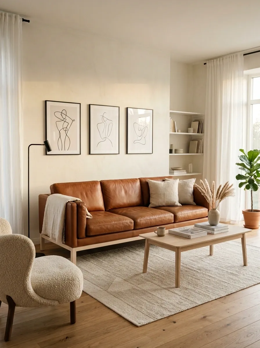 Scandinavian Living Room With Warm Brown Upholstery