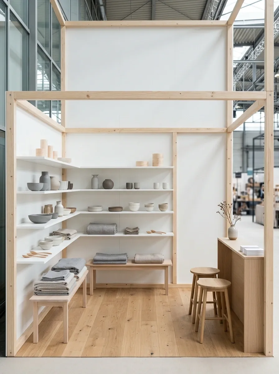 Scandinavian Market Booth With Pale Wood and Soft Gray