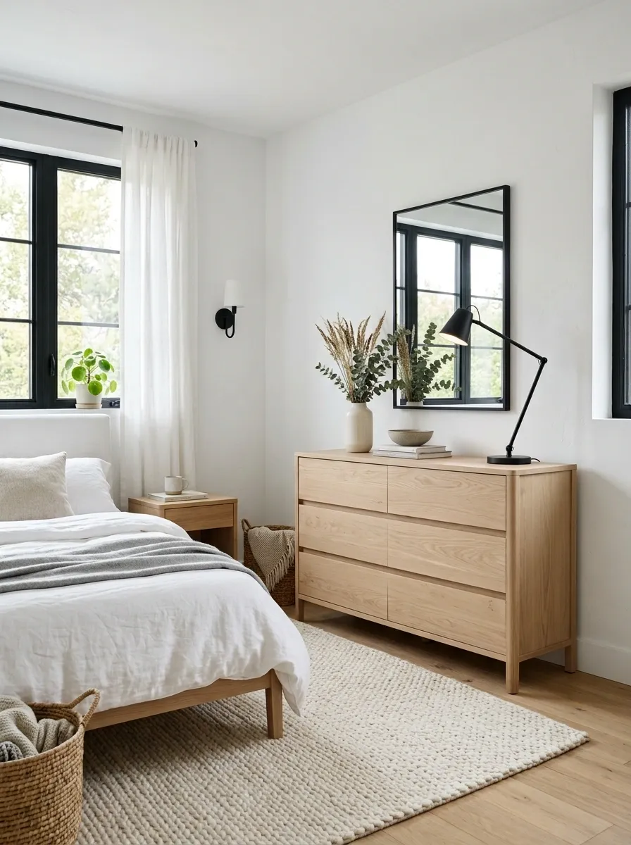 Scandinavian Pale Wood Dresser With a Simple Black-Framed Mirror