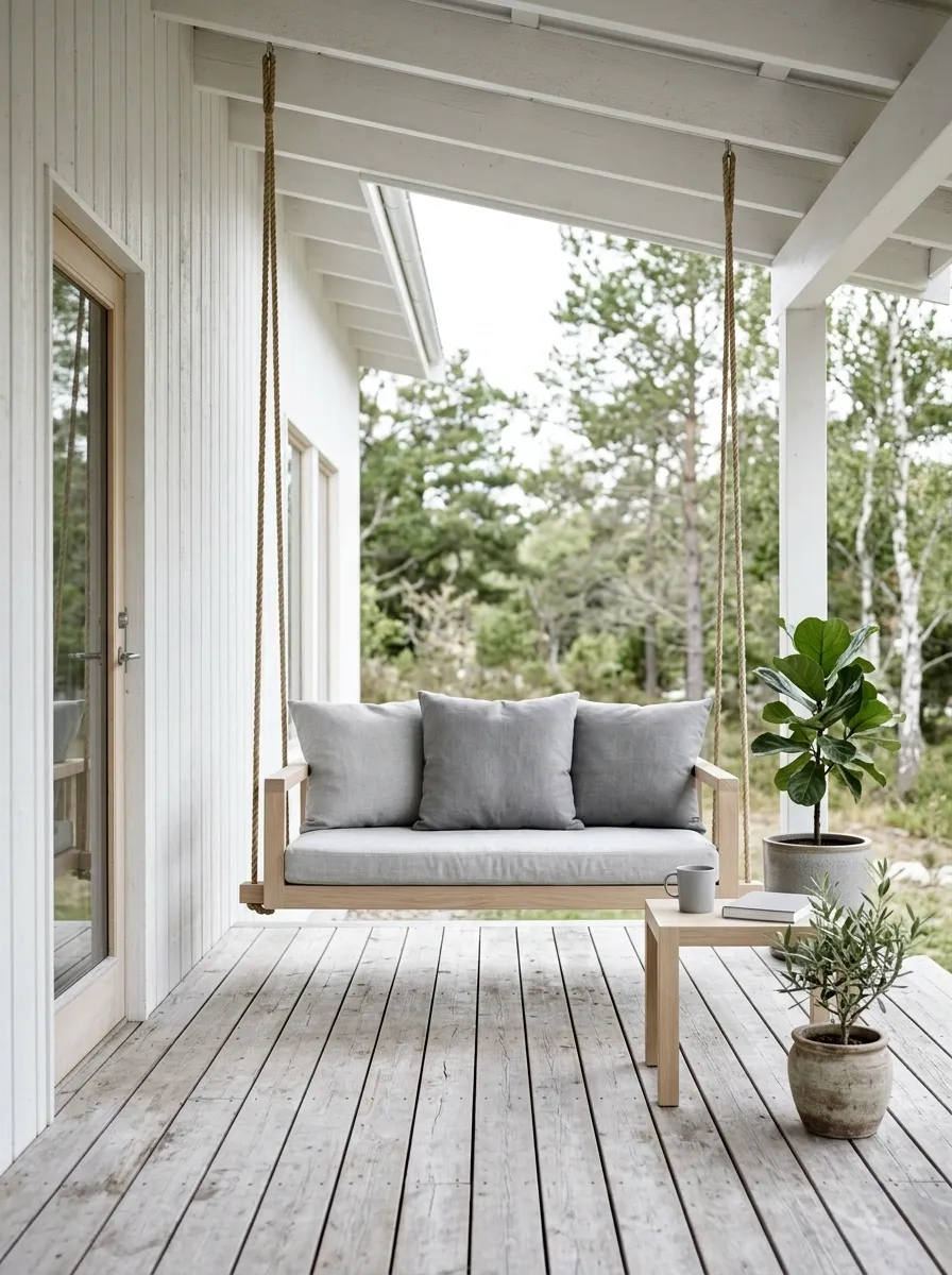 Scandinavian Porch With Pale Wood Swing and Soft Gray Layers