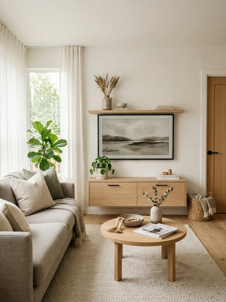 Scandinavian Small Living Room With TV and Pale Oak