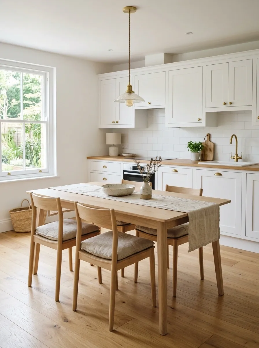 Scandinavian White Kitchen With Pale Wood Table