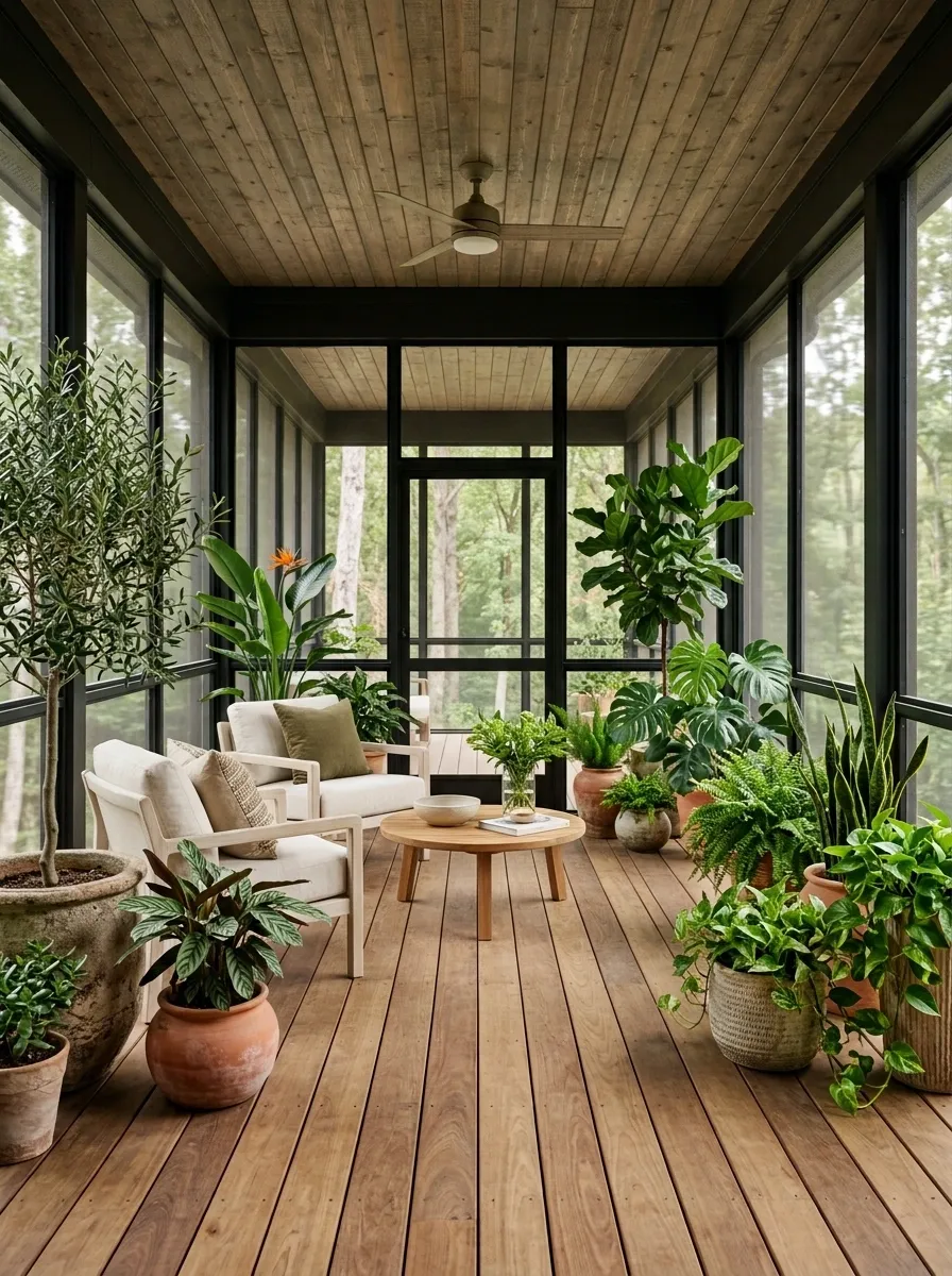 Screened Deck With Planter Clusters Around the Perimeter