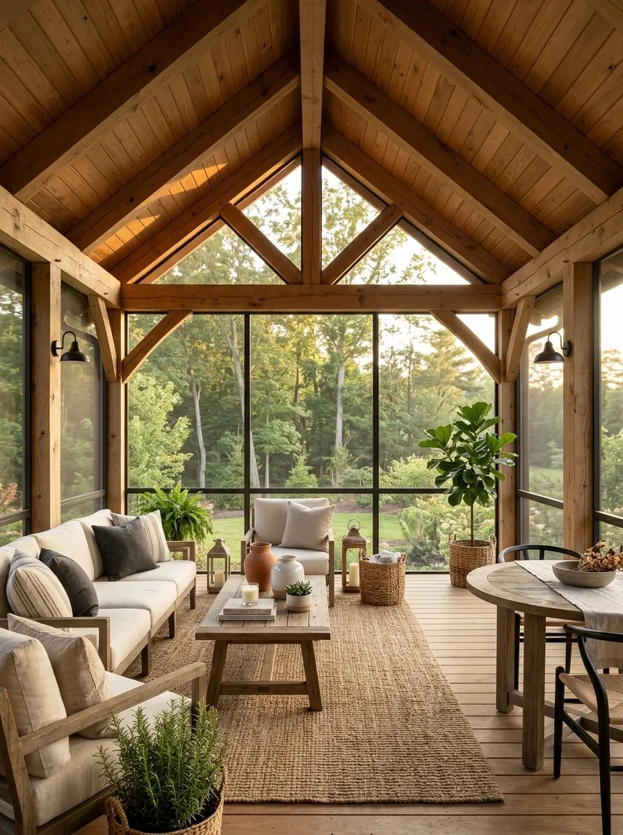 Screened Porch With a Gable Roof and Wood Framing