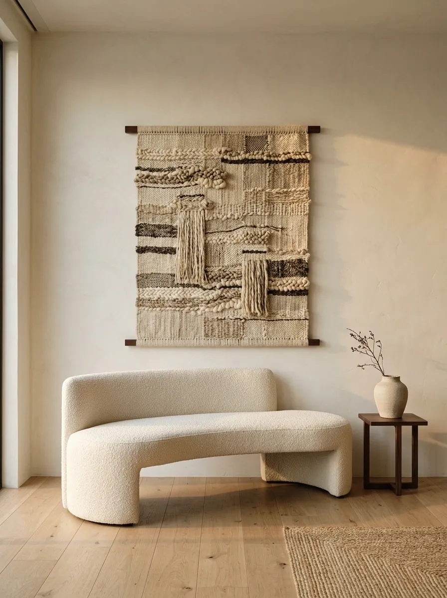 Sculptural Corner Bench With Oversized Textile Art