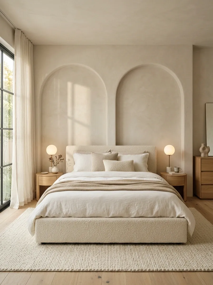 Sculptural Plaster Arches Framing a Low Upholstered Bed