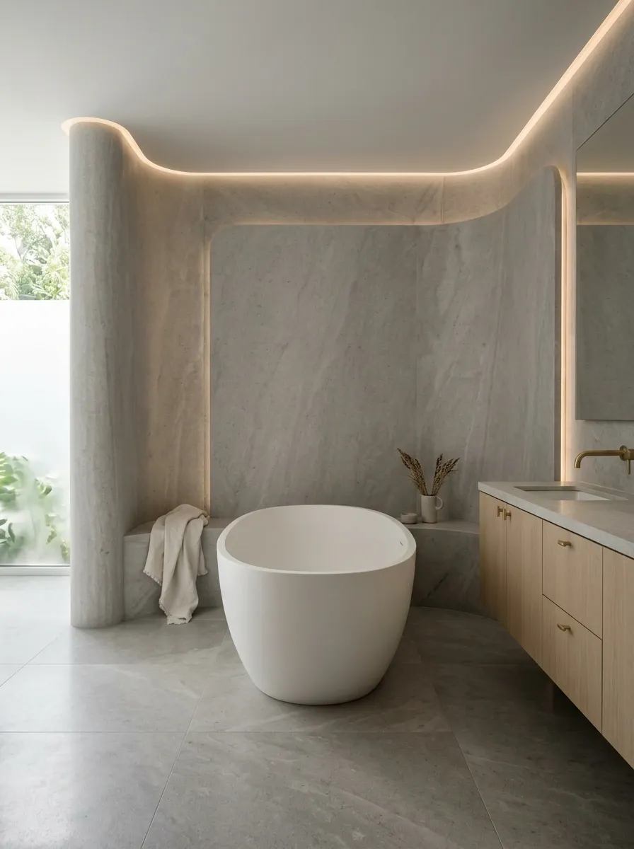 Sculptural Spa Bathroom With Soft Gray Stone and Deep Soaking Tub