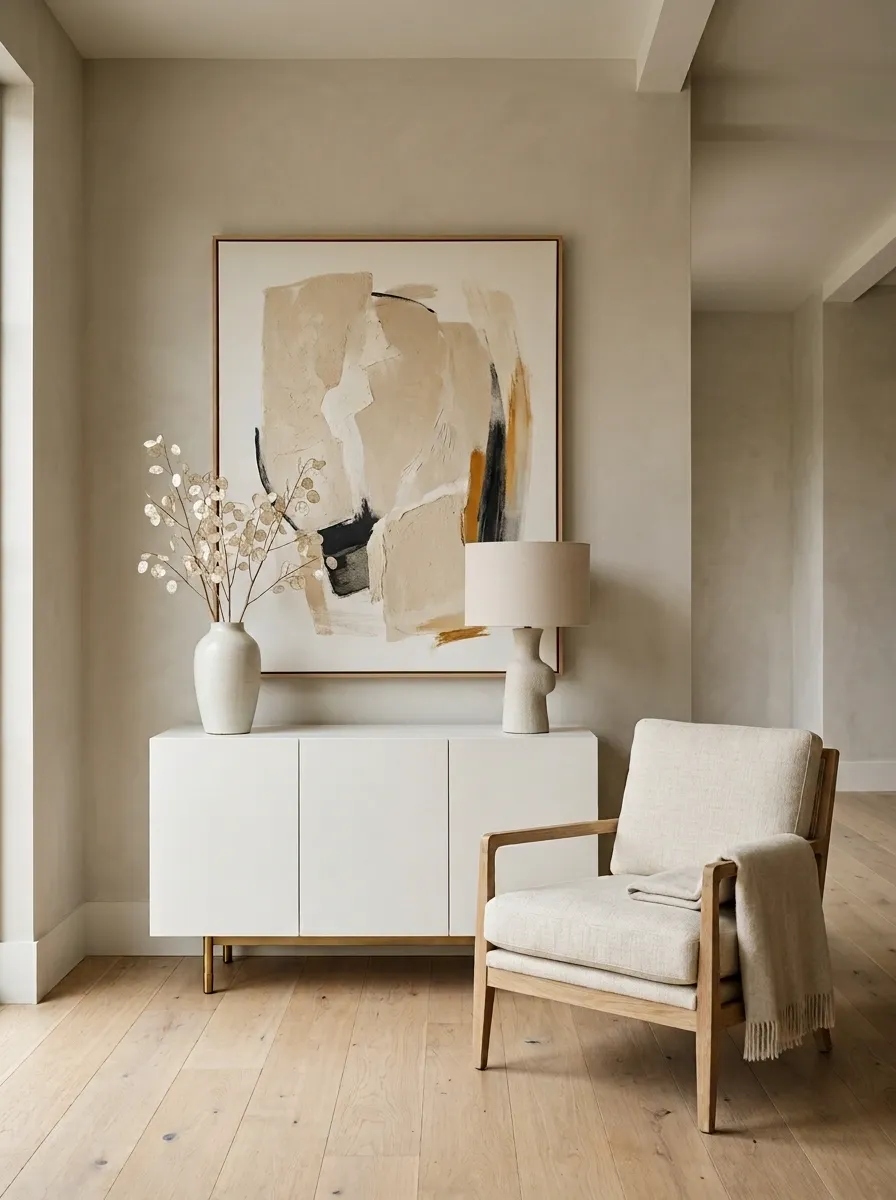 Sculptural White Cabinet With Oversized Art and Warm Wood