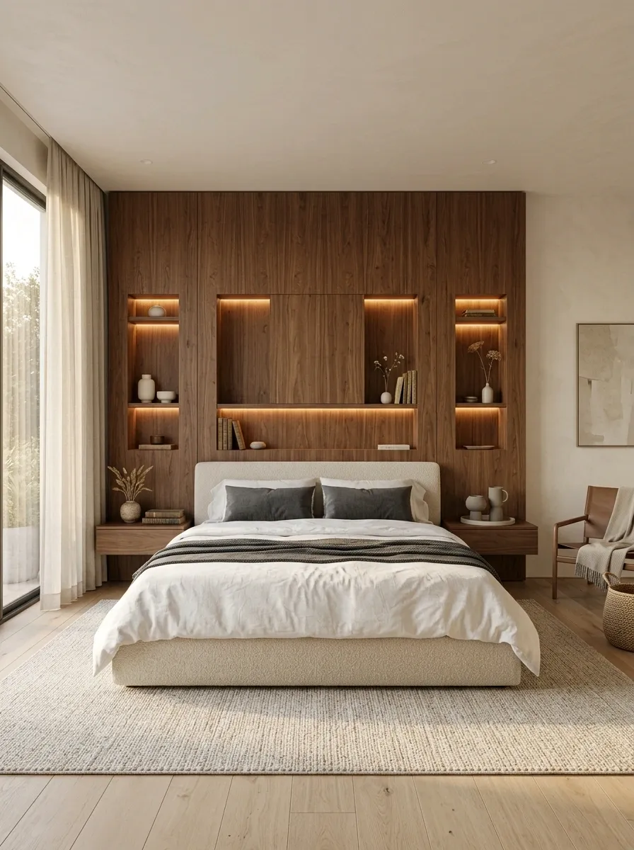 Sculptural Wood Headboard With Integrated Niches