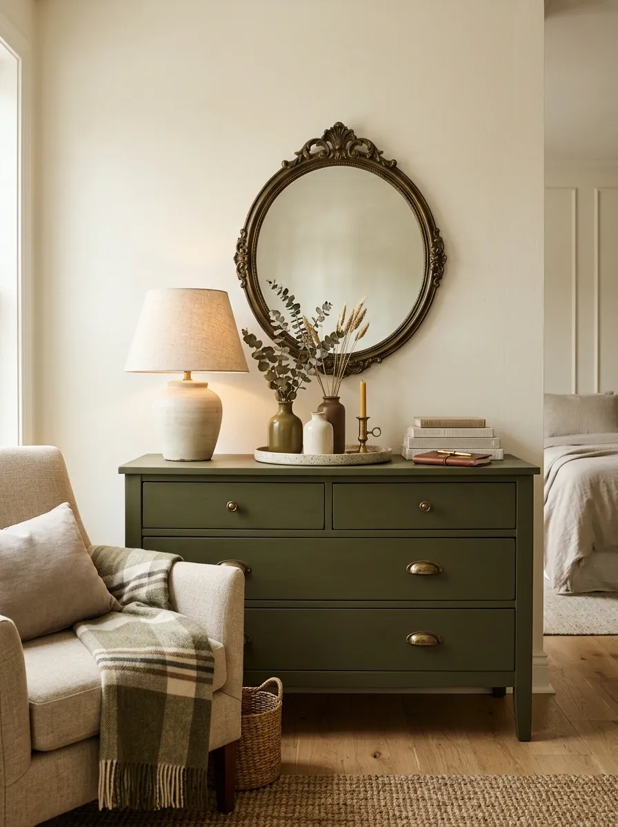 Secondhand Dresser With Deep Olive Paint and Vintage-Inspired Styling