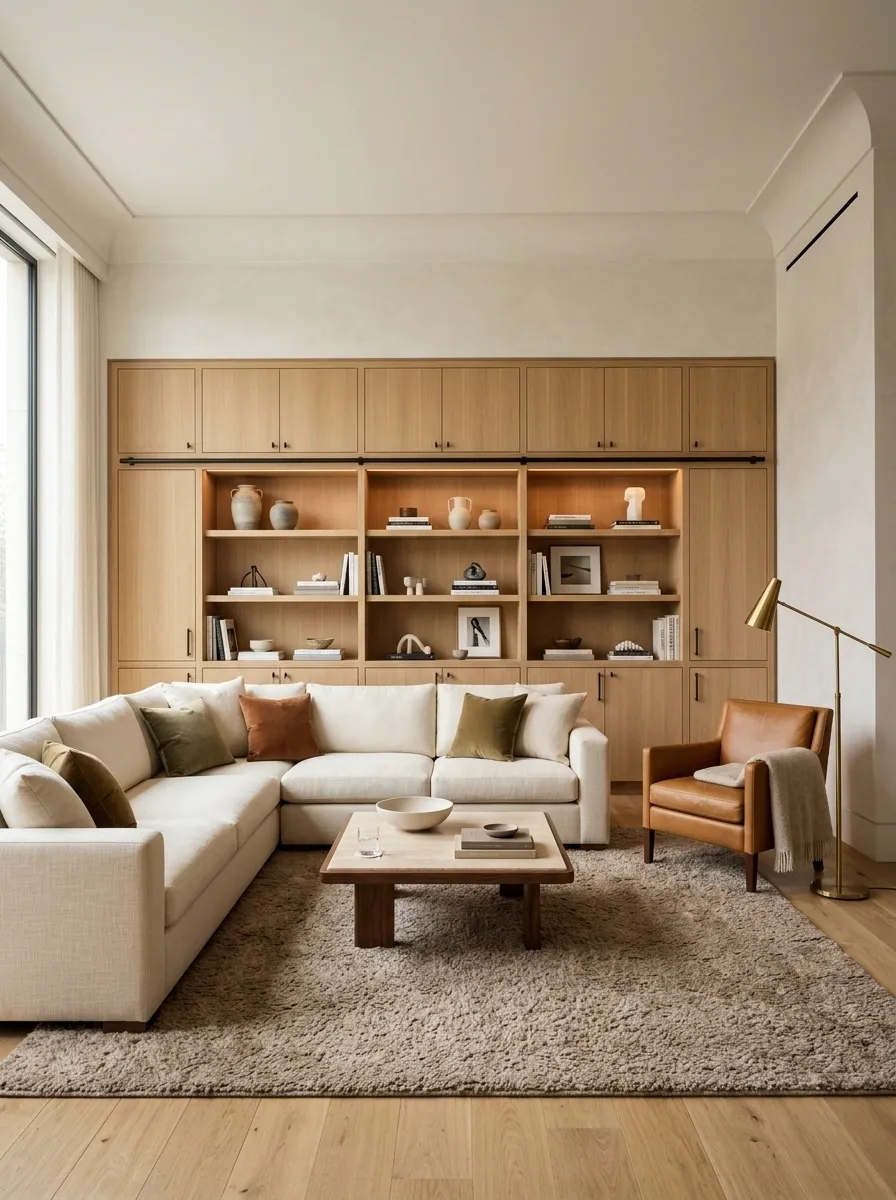 Sectional Facing Built-In Shelves With a Quiet Reading Nook