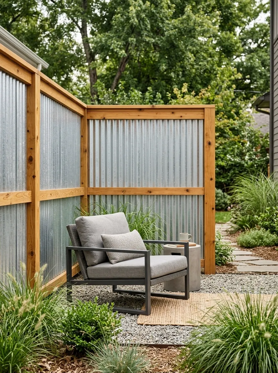 Simple Corrugated Panel Privacy Wall With Wood Trim