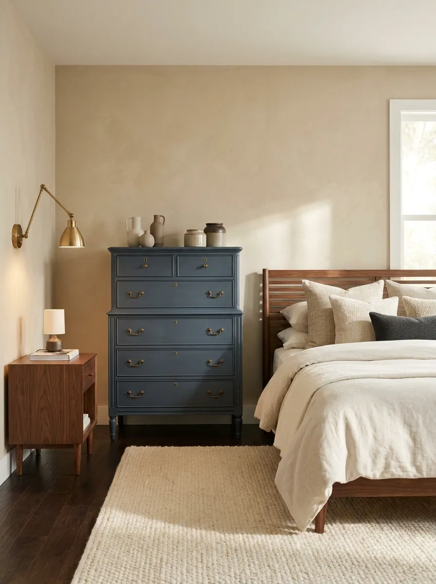 Slate Blue Furniture With Warm Beige Walls