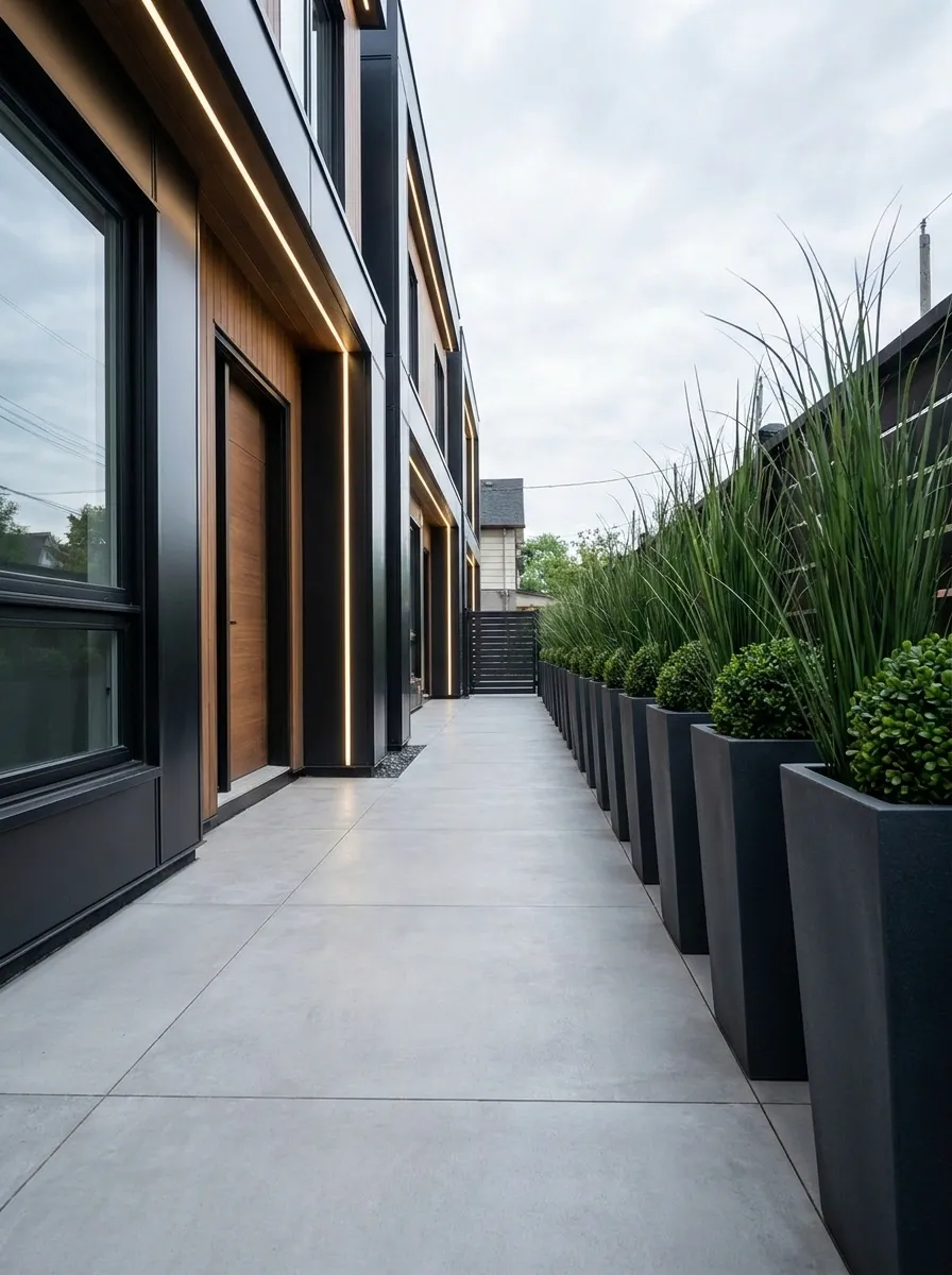 Slim Driveway With Repeated Tall Planters