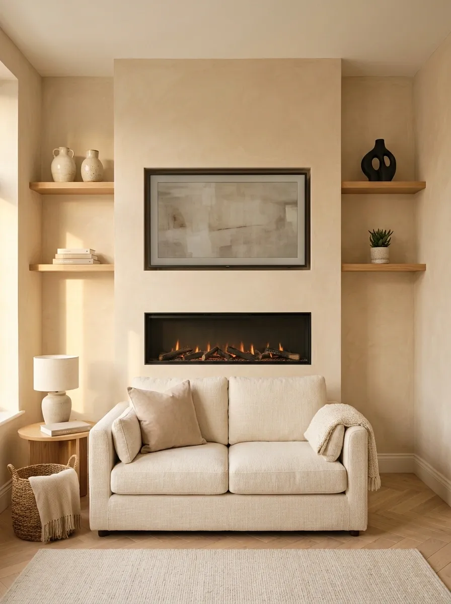 Slim Fireplace With TV Stacked Above It