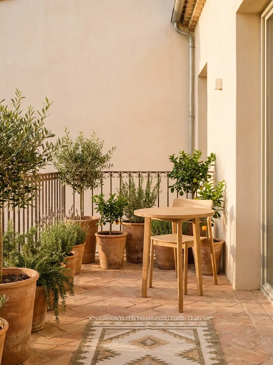 Slim Mediterranean Balcony With Terracotta Floor Planters
